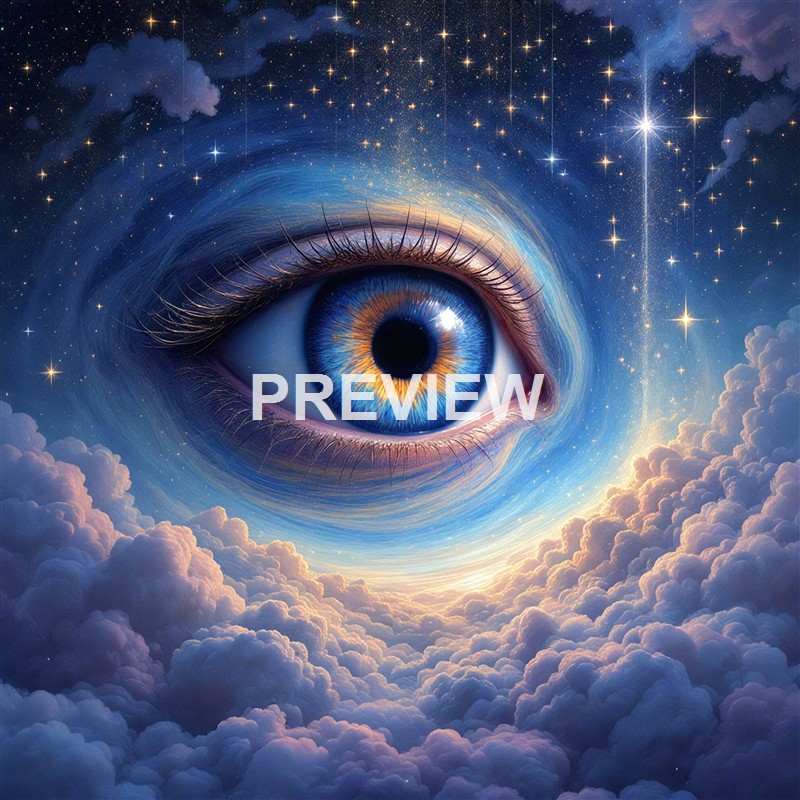 An artistic and surreal image featuring a large, detailed human eye with a vibrant blue iris, set against a cosmic background of stars, clouds, and nebulae, creating a dreamlike, otherworldly atmosphere.
